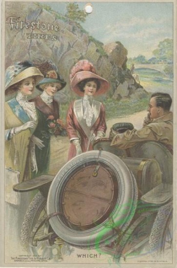 ephemera_advertising_trading_cards-00186 - 0186-Women in hat and dress on road, Man in car, Tires, wheel [1982x3000]