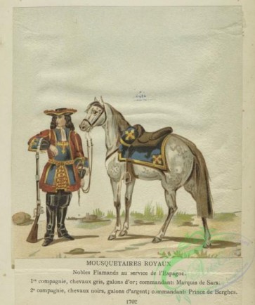 military_fashion-00786 - 100930-Belgium, 1380-1782-Mousquetaires royaux Nobles flamands au service de l'Espagne. 1er compagnie, chevaux gris, galons d'or, commandant - Marquis de Sars. 2e compagnie, c
