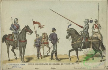 military_fashion-00822 - 101039-Belgium, 1380-1782-Bande d'ordonnance de Charles le Temeraire. 1473. Archer, page, ecuyer, homme d'armes, coustilier
