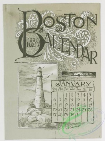 prang_calendars-00011 - 0779-Boston Calendar 1889-depicting lighthouse, Trinity Church, Faneuil Hall, Paul Revere's House, State House, and Public Garden 107657