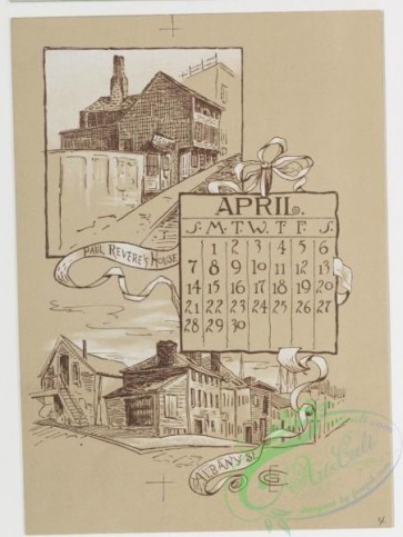 prang_calendars-00016 - 0779-Boston Calendar 1889-depicting lighthouse, Trinity Church, Faneuil Hall, Paul Revere's House, State House, and Public Garden 107662