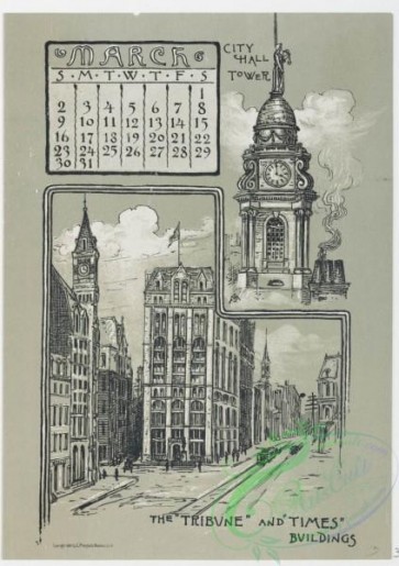 prang_calendars-00051 - 0972-New York Calendar, 1890, January-June-Statue of Liberty, Academy of Design, City Hall Tower, The 'Tribune' and 'Times' Buildings, The Narrows, T 108452