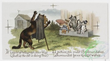 prang_cards_animals-00124 - 0876-Christmas cards depicting cats dancing, playing music, taking photographs with camera, on rocking horse, reading books, watching puppet show 108107