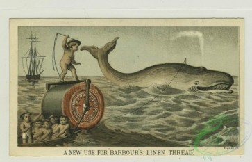 prang_cards_animals-00194 - 1309-Trade cards depicting boys using-a sewing machine to make clothes, a thread and needle to harpoon a whale, thread to capture an elephant, the car 101161