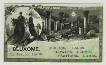 prang_cards_black-and-white-00634 - 1403-Trade cards depicting flowers, fish, ships, a couple riding horses, moonlit Pompeii, columns, frogs dressed in clothes with a cane and gun 101642