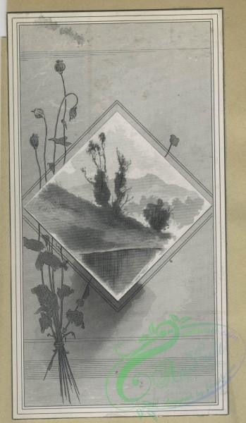 prang_cards_black-and-white-00673 - 1622-Trade cards depicting flowers, landscapes, winter, spring, birds, pottery, a shoe vase, and a dog wearing a hat and glasses 102650