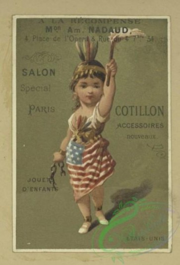 prang_cards_holidays-00190 - 1702-Trade cards depicting men, women, soldiers, rugs, vases, drums, a gun, an American flag skirt, telephone poles and lines, the Herault and Gard departm 103230