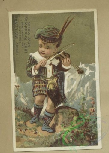 prang_cards_kids-00256 - 1806-Trade cards depicting birds, a dog, children-in kimonos, with a parasol, breaking a dish, playing the violin, blowing bubbles, making a snowman an 103834