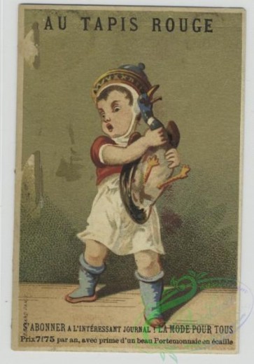 prang_cards_kids-00379 - 1433-Trade cards depicting men-holding a duck, playing with puppets, with a parasol and cane, playing a brass instrument, on a horse replica and holdin 101798