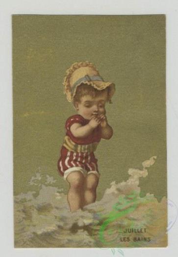 prang_cards_kids-00397 - 1473-Trade cards using months as themes depicting children-wading in the ocean, carrying books, holding a rifle and being chased away by a rabbit, with 101973