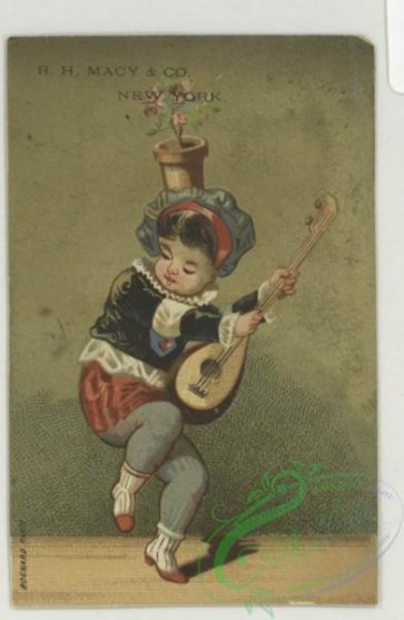 prang_cards_kids-00479 - 1783-Trade cards depicting birds, trees, rivers, acrobats, musical instruments, a woman painting, a man with a parasol, and a boy riding a pseudo horse 103665