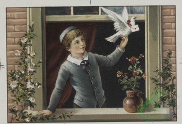 prang_cards_kids-00615 - 0573-Christmas, birthday, and Valentine cards depicting cats, young girls in windows with flowers, and birds 106709