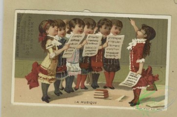 prang_cards_kids-00877 - 1802-Trade cards depicting a musical band, singing, discipline, school and girls-reading, playing and holding puppies 103803