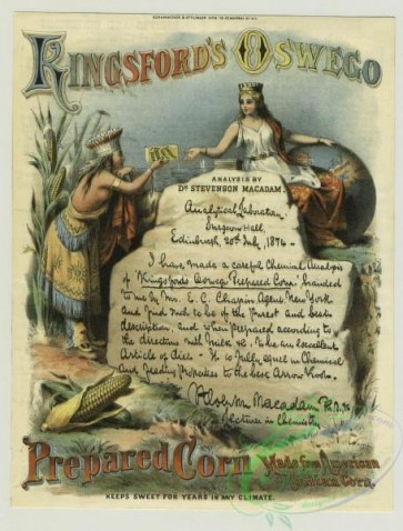prang_cards_people-00050 - 1326-(A trade card depicting a queen, a globe, corn, a handwritten doctor's analysis of corn starch, a box of corn starch and a Native American woman.) 101249