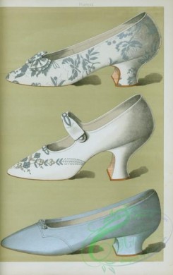 fashion-00550 - 15-[Shoe of silver brocade; shoe embroidered in white silk and silver beads, with a single ankle strap; shoe of plain silver kid with enlongated toe, beaded by small silver ornament.]