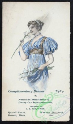 menu-01814 - 01910-Woman sniffing flower, in blue dress