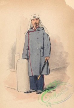 military_fashion-00077 - 101215-Mexico, 1826-1862-Man in gray and blue uniform with red piping, wearing a white hat with the numbers 609 on the front