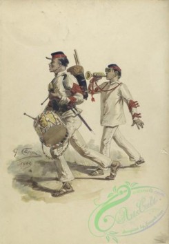military_fashion-00087 - 101235-Mexico, 1826-1862-(.) Infanterie (Two soldiers in white uniforms with read trim. First soldier is playing a drum, the second is blowing a bugle.)