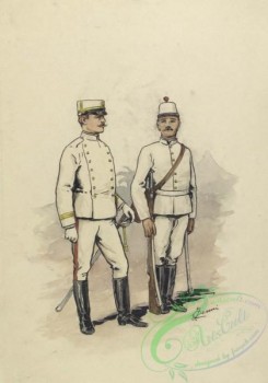 military_fashion-00090 - 101238-Mexico, 1826-1862-Two soldiers in white uniforms with yellow trip. The trousers have red piping. Both soldiers have swords, and the one on the right has a rifle as wel