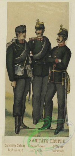 military_fashion-02780 - 104707-Austria, 1867-1895-Sanitats-Truppe - Sanitats-Soldat (feldmassig), Unterofficier (in Parade), officier (in Parade)