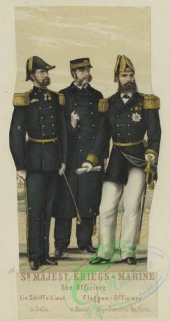 military_fashion-02783 - 104711-Austria, 1867-1895-S-r Majest. Kriegs = Marine - Lin. Schiffs-Lieut. (in Galla), See-Officier (in Mantel), Flaggen-Officiere (in gr. Dienstes Uniform.)