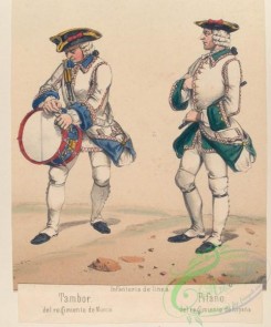 military_fashion-04538 - 106504-Spain, 1750-1760-Infanteria de linea. (a) Tambor, del regimiento de Murcia, (b) Pifano, del regimiento de Espana. 1750-1759