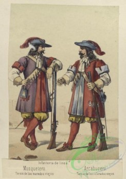 military_fashion-04609 - 106672-Spain, 1560-1695-Infanteria de linea. (a) Mosquetero. Tercio de los morados viejos. (b) Arcabucero. Tercio de los colorados viejos. 1680