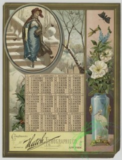prang_calendars-00090 - 1471-(A calendar and trade card depicting birds, winter, snow, butterfly, holly, a vase of flowers and a women walking down stairs) 101967