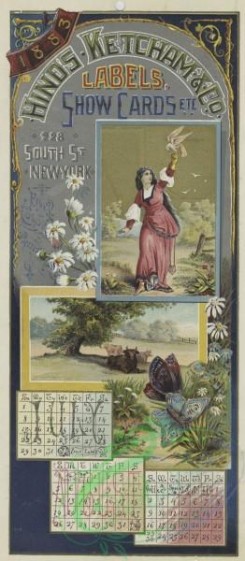 prang_calendars-00093 - 1545-A combined 1883 calendar and trade card depicting cattle, butterflies, flowers, a bird and a woman 102294