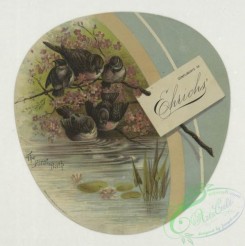 prang_cards_birds-00231 - 1735-(A trade card with the words 'the first bath' depicting birds, flowers, a tree limb and a body of water.) 103381