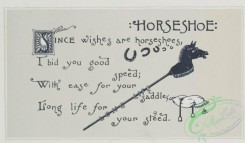 prang_cards_black-and-white-00380 - 0842-Ye booke of goode luck- cards with text, depicting old shoes, horseshoes, four-leaved clovers, wishbones, rice and new moons 107963
