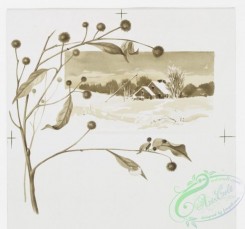 prang_cards_black-and-white-00458 - 0990-A Christmas morning- cards depicting branches, trees, holly, berries, landscapes, houses, winter, snow, a fence and the sunrise 108551