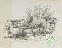 prang_cards_black-and-white-00602 - 1242-Landscaping drawing 3 (cards depicting logs, fences, gates, sheds, wells, buckets, houses and trees) 100991