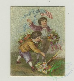prang_cards_holidays-00173 - 1361-Trade cards depicting children laying in the grass, a horse race, a lamb, an American flag and children watering flowers 101392