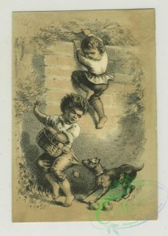 prang_cards_kids-00201 - 1362-Trade cards depicting a monkey, boat race, couple fishing from a rowboat, a gun, climbing fences, stealing fruit and a dog chasing boys 101396
