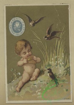 prang_cards_kids-00227 - 1645-Trade cards depicting thread, children, babies, women, snow, candle, umbrella, butterfly, turtle, birds, music playing, a painting palette, a couple i 102808