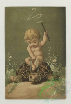 prang_cards_kids-00249 - 1777-Trade cards depicting flowers, strawberries, a turtle, a stork, thread, lily pads, a boy picking cotton and a girl sewing 103622