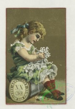 prang_cards_kids-00478 - 1777-Trade cards depicting flowers, strawberries, a turtle, a stork, thread, lily pads, a boy picking cotton and a girl sewing 103624