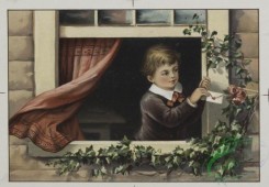 prang_cards_kids-00617 - 0573-Christmas, birthday, and Valentine cards depicting cats, young girls in windows with flowers, and birds 106711