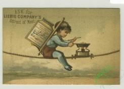 prang_cards_kids-00703 - 1401-Trade cards depicting flowers, cupids, children with large jars of meat-eating on a tightrope, being served by a woman, and on a rock in the ocean 101628
