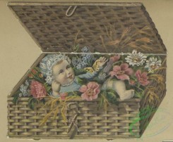 prang_cards_kids-00821 - 1676-Trade cards depicting flowers, bees, doves, acrobats, Asians, a butterfly net and a baby in a wicker briefcase of flowers 103005