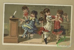 prang_cards_kids-00880 - 1802-Trade cards depicting a musical band, singing, discipline, school and girls-reading, playing and holding puppies 103806