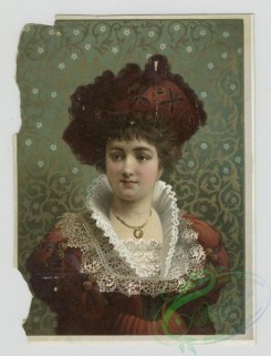 prang_cards_women-00075 - 1418-Prints depicting portraits of woman wearing feather hats, jewelry and dresses, standing in front of wallpaper 101707