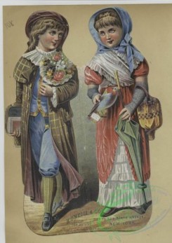 prang_cards_women-00122 - 1677-Trade cards depicting child soldiers, a woman named Evangeline and a boy and girl carrying-an umbrella, flowers, bags, books and a bird card 103006