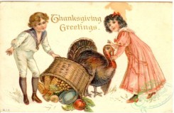 thanksgiving_day_postcards-00412 - 412-Boy, Girl. Turkey, Basket, harvest [3000x1948]